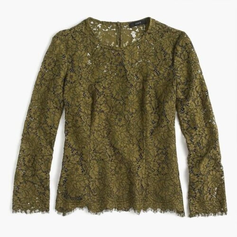 J. Crew Lace Built in Camisole Holiday Evergreen Olive Green Womens 10 Top